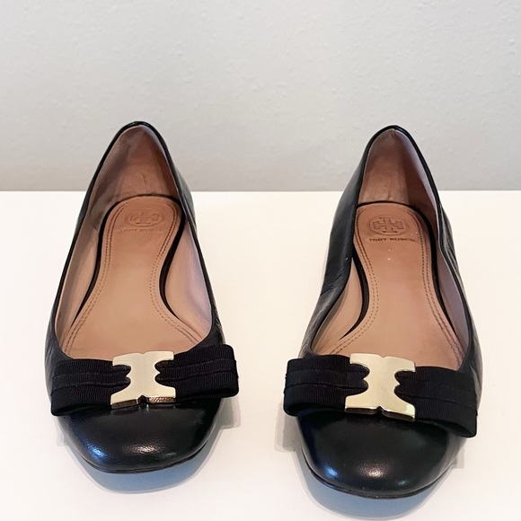 Tory Burch Gemini Link Bow Black Leather Ballet Flats Size 8 - Picture 2 of 12
